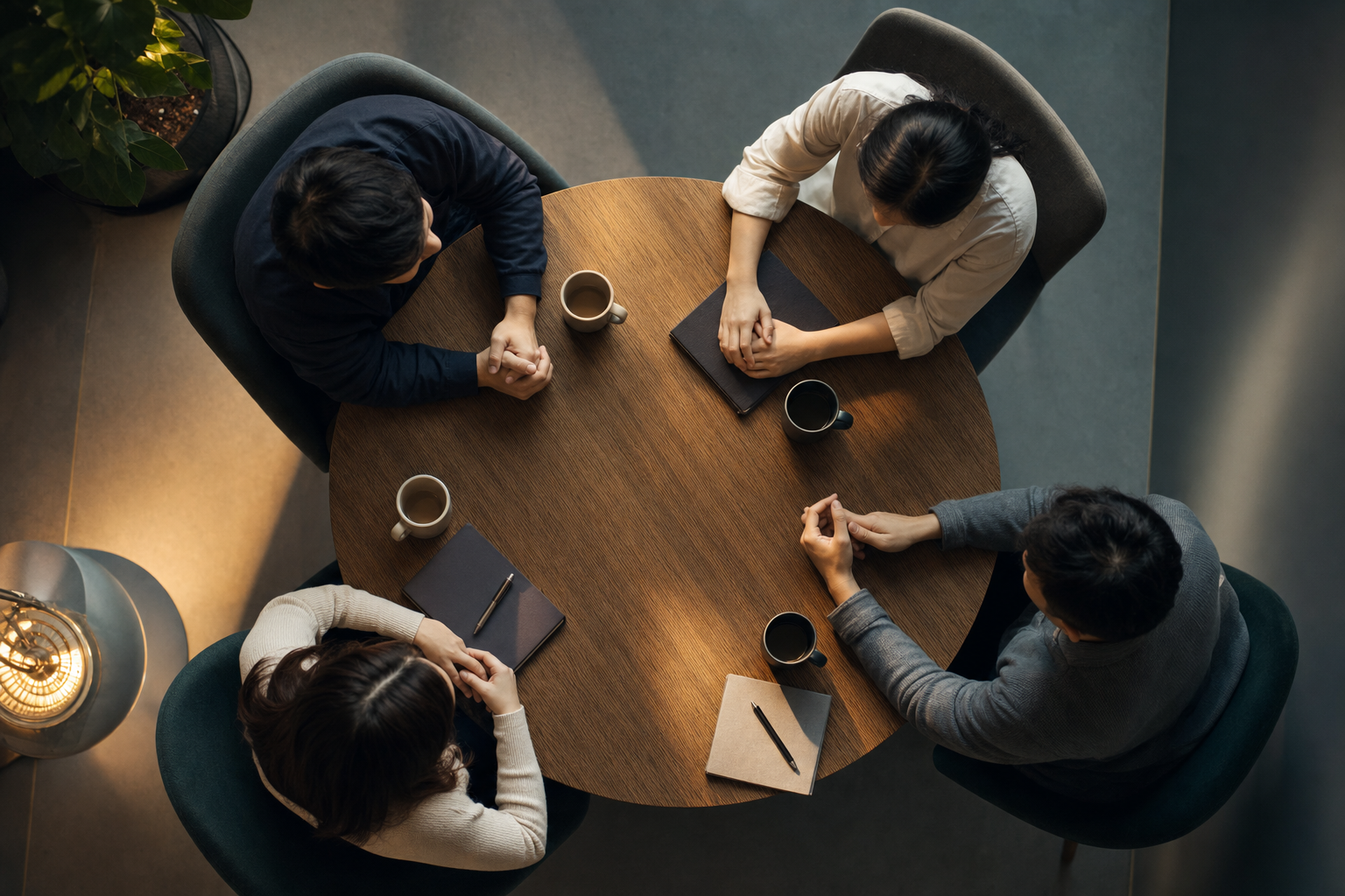 Four people sitting around a round table in warm light, talking calmly.